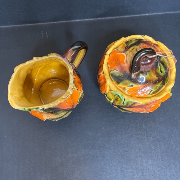 Vintage Cream and Sugar Set Orange Brown Ceramic Pottery Fall Leaves Decor Japan - Picture 3 of 9